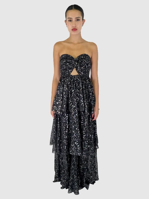 Metallic Circle Print Ruffled Maxi Dress - Size 8 Elegant Maxi Dress with Slit