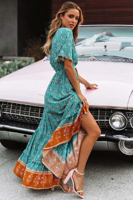 MINI POMPON BOHEMIAN FLORAL PRINT MAXI DRESS Casual Maxi Dress with Pockets