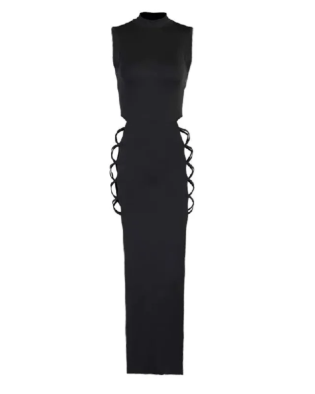 MOCK NECK PLAIN SLEEVELESS HIGH SLIT MAXI DRESS Stylish Maxi Dress with Pleats