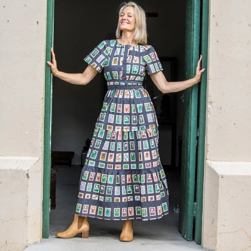 Navy Postcard Print Maxi Dress 100% Cotton Stylish Empire Waist Maxi Dress