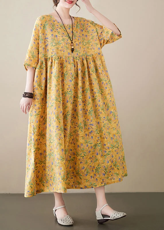 Novelty Yellow O-Neck Print Patchwork Cozy Cotton Maxi Dress Summer Stylish Maxi Dress with Pleats Novelty Yellow O-Neck Print Patchwork Cozy Cotton Maxi Dress Summer Stylish Maxi Dress with Pleats