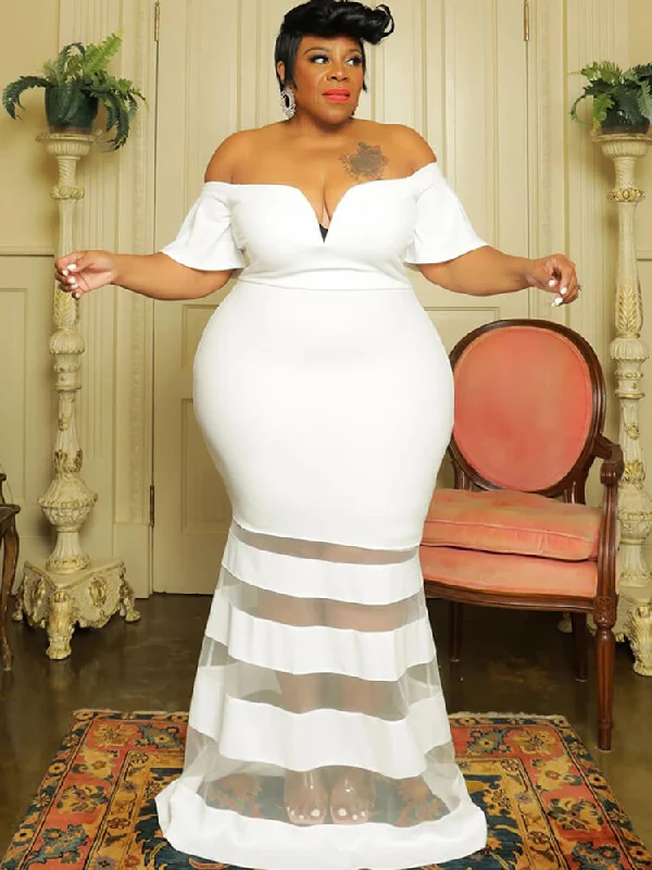 Off Shoulder Mesh Patchwork Bodycon Maxi Dresses Elegant Maxi Dress with Slit