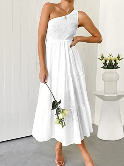 One Shoulder Sleeveless High Waist Maxi Dress Comfortable Cotton Maxi Dress