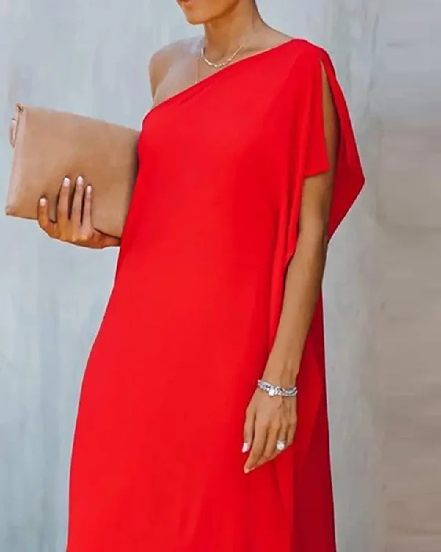 ONE SHOULDER SLIT SHORT SLEEVE MAXI DRESS Chic Off-Shoulder Maxi Dress