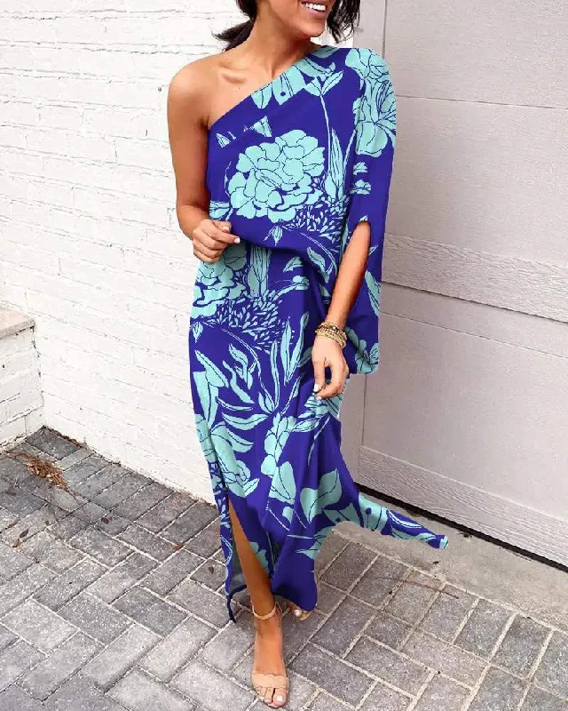ONE SHOULDER SPLIT HEM PLANTS PRINT MAXI DRESS Cozy Longline Maxi Dress