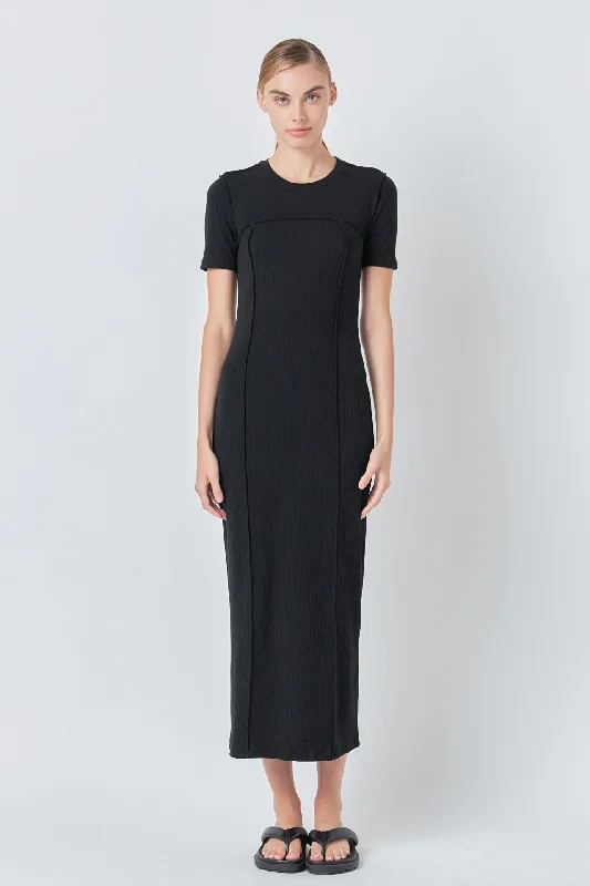 Overlock Piping Knit Maxi Dress Cozy Ruffle Sleeve Maxi Dress