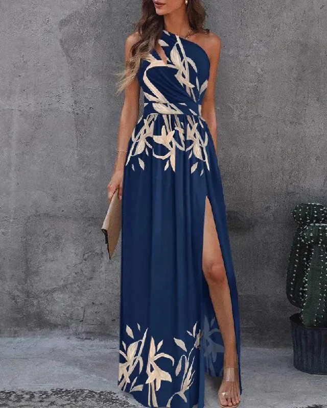 PLANTS PRINT HIGH SLIT CUTOUT MAXI DRESS Stylish Off-Shoulder Maxi Dress
