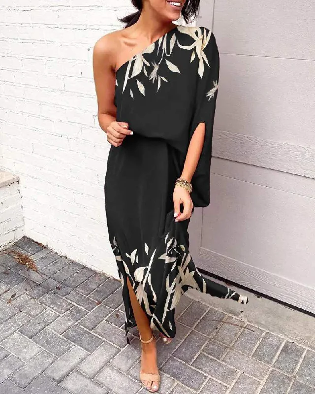 PLANTS PRINT ONE SHOULDER SPLIT HEM MAXI DRESS Elegant Lace-Up Maxi Dress