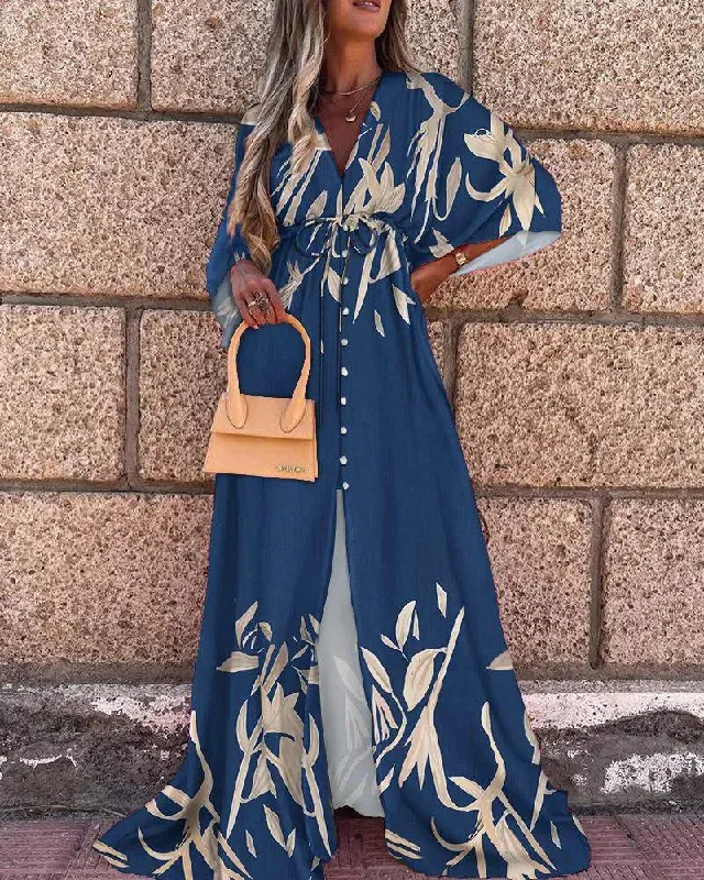 PLANTS PRINT TIED AND BUTTON DETAIL LARGE SLEEVE MAXI DRESS Fashionable Sleeveless Maxi Dress PLANTS PRINT TIED AND BUTTON DETAIL LARGE SLEEVE MAXI DRESS Fashionable Sleeveless Maxi Dress