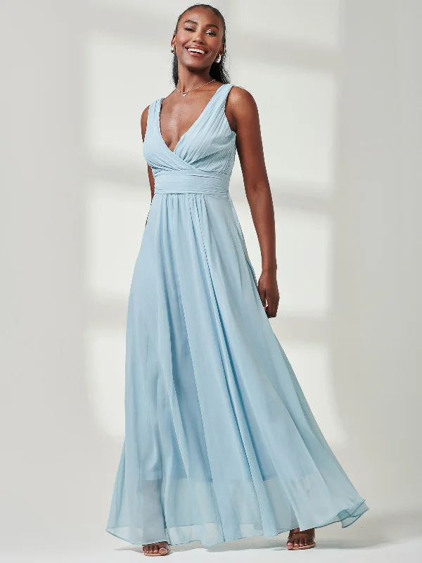 Pleated Bodice Chiffon Maxi Dress, Ice Blue Stylish Off-Shoulder Maxi Dress