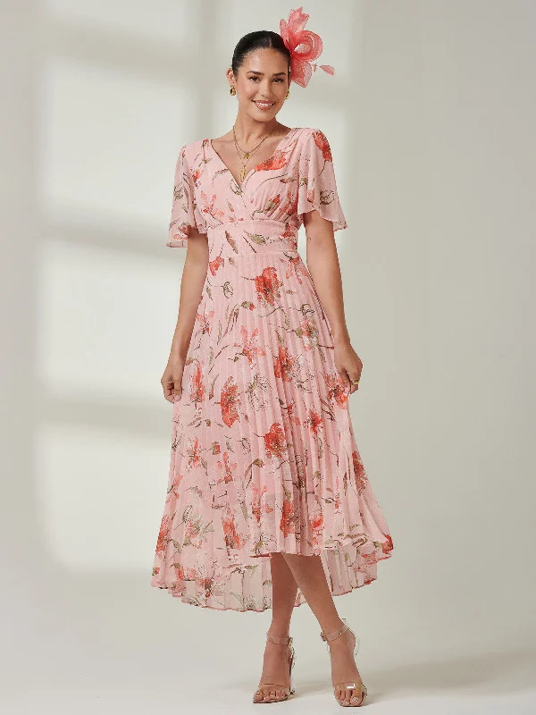 Pleated Dip Hem Chiffon Maxi Dress, Coral Pink Stylish Maxi Dress with Frills