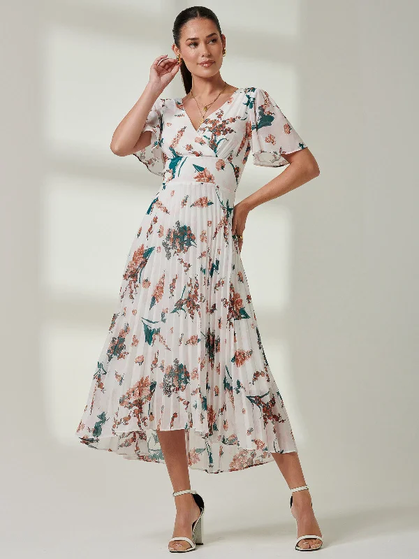 Pleated Dip Hem Chiffon Maxi Dress, Beige Floral Comfortable Flowy Maxi Dress