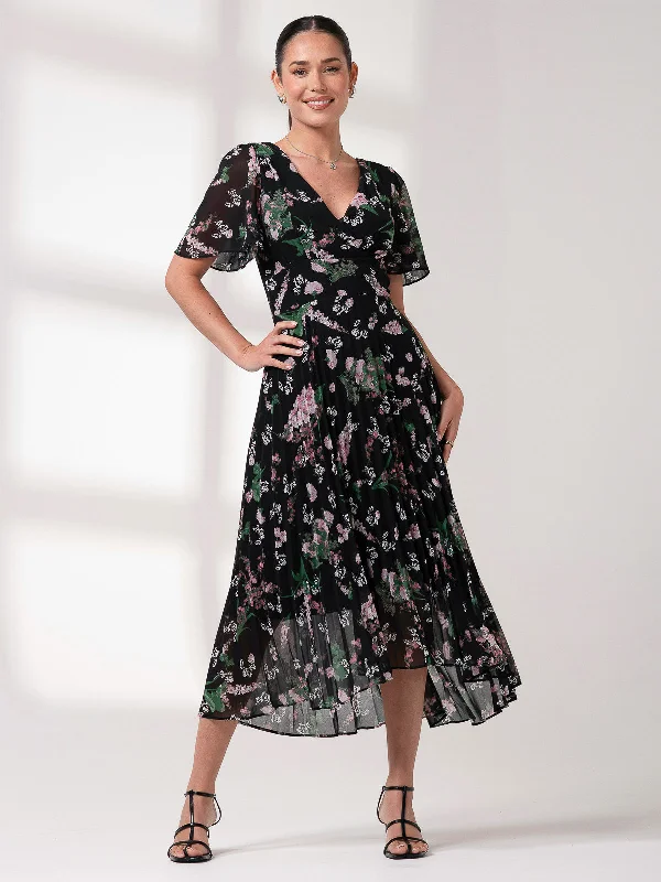 Pleated Dip Hem Chiffon Maxi Dress Fashionable Open-Back Maxi Dress