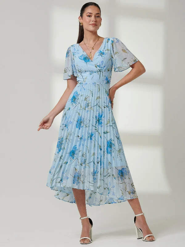 Pleated Dip Hem Chiffon Maxi Dress, Blue Floral Cozy Maxi Dress with Slit