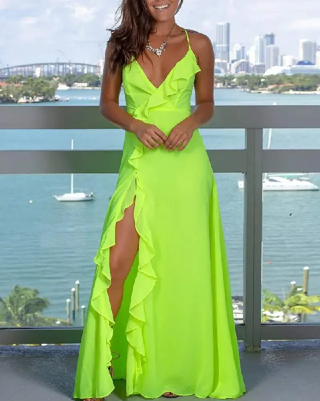 PLUNGE RUFFLE HEM SLIT MAXI DRESS Cozy Knit Maxi Dress