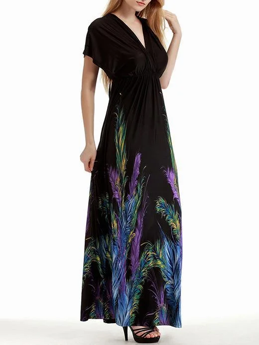 Plus Bohemia Printed V-neck&V-back Maxi Dress Elegant Sleeveless Maxi Dress