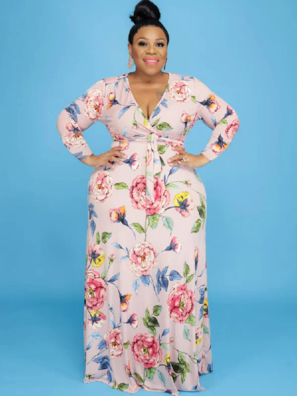 Plus Size Floral Print Long Sleeve Maxi Dress Fashionable Sheer Maxi Dress
