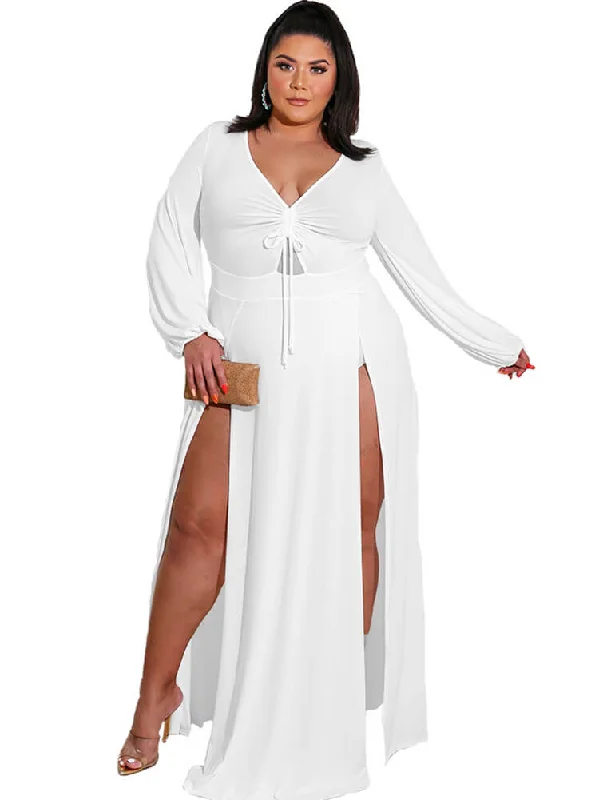 Plus Size Long Sleeve Drawstring Split Maxi Dresses Comfortable Maxi Dress with Belt Plus Size Long Sleeve Drawstring Split Maxi Dresses Comfortable Maxi Dress with Belt