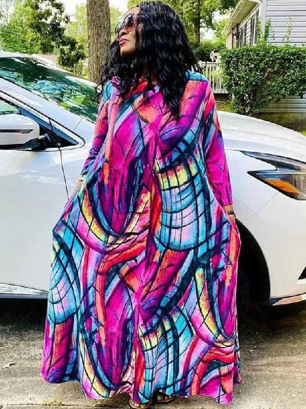 Plus Size Long Sleeve Printed Maxi Dresses Stylish Empire Waist Maxi Dress