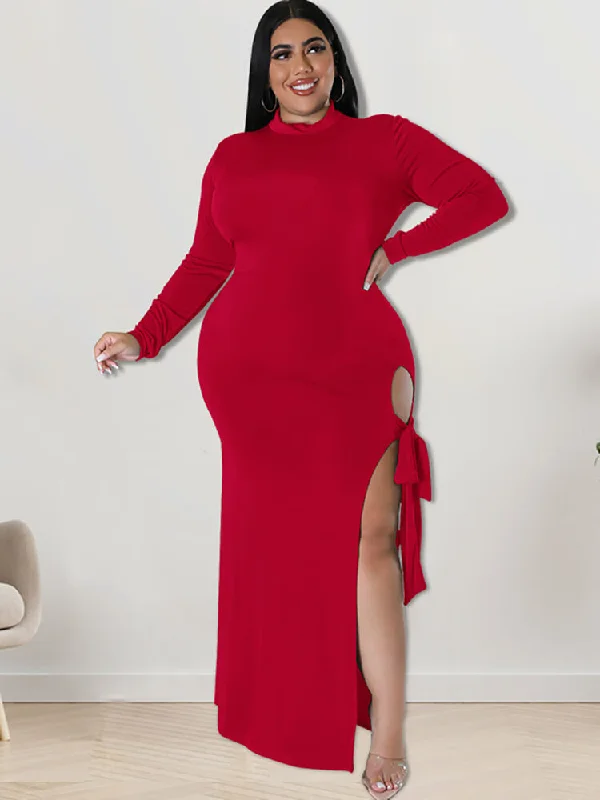 Plus Size Mock Neck Long Sleeve Strappy Slit Maxi Dresses Comfortable Maxi Dress with Belt