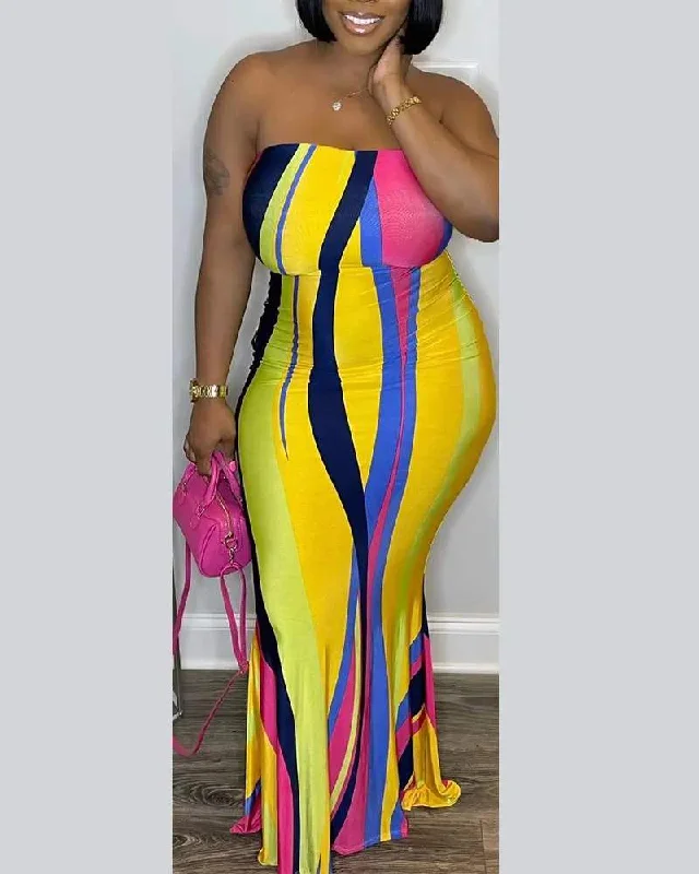 PLUS SIZE STRIPED BANDEAU MERMAID MAXI DRESS Trendy Satin Maxi Dress