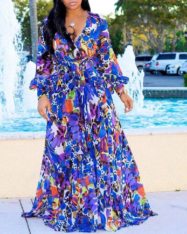 PLUS SIZE TROPICAL PRINT DEEP V BELTED WARP MAXI DRESS Cozy Cold-Shoulder Maxi Dress PLUS SIZE TROPICAL PRINT DEEP V BELTED WARP MAXI DRESS Cozy Cold-Shoulder Maxi Dress