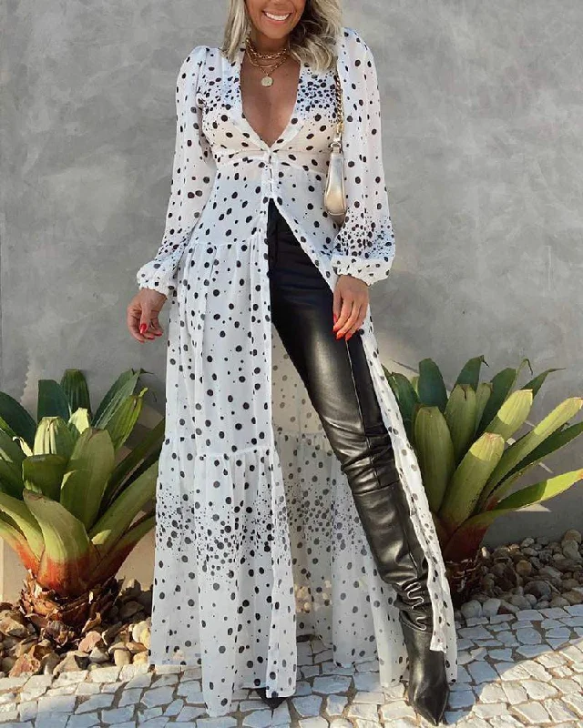 Polka Dot Long Sleeve Button Front Maxi Dress Cozy Ribbed Maxi Dress