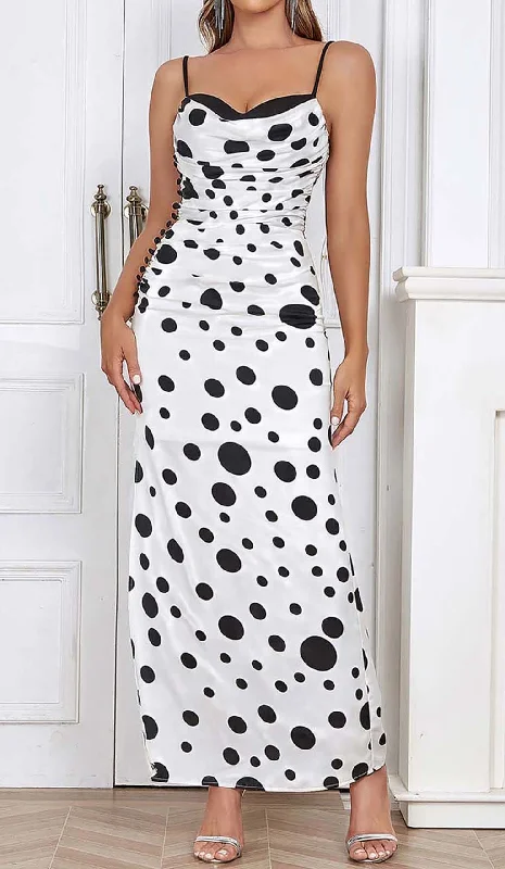 POLKA DOT PRINT RUCHED MERMAID MAXI DRESS Trendy Printed Maxi Dress