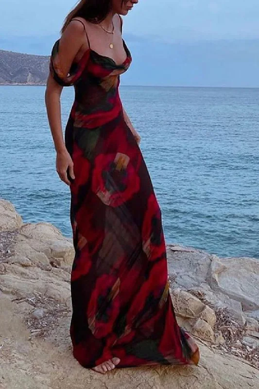 Print Off Shoulder Slim Maxi Dress Cozy Maxi Dress with Slit