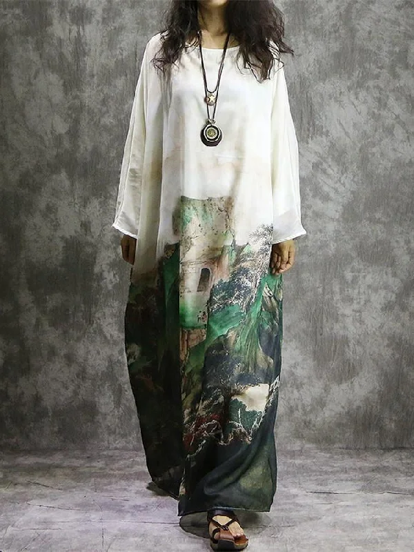 Print Plus Size Long Sleeve Loose Maxi Dress Stylish Boho Chic Maxi Dress