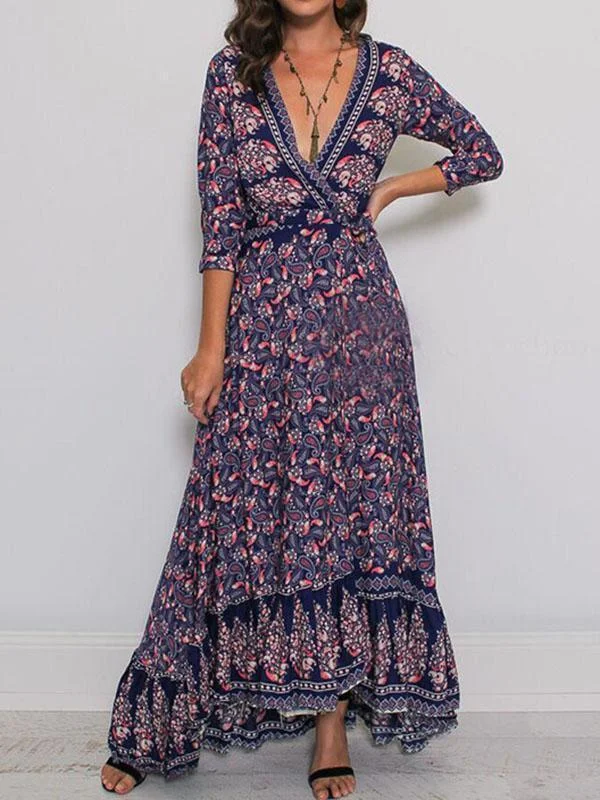 Print V Neck Side Split Bohemia Maxi Dress Stylish Long Sleeve Maxi Dress