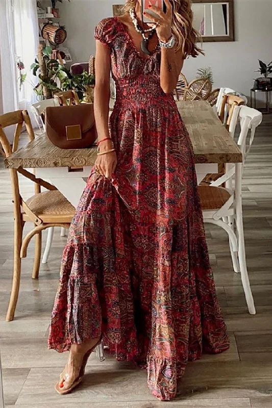 Print V Neck Smocked Maxi Dress Classic Tulle Maxi Dress