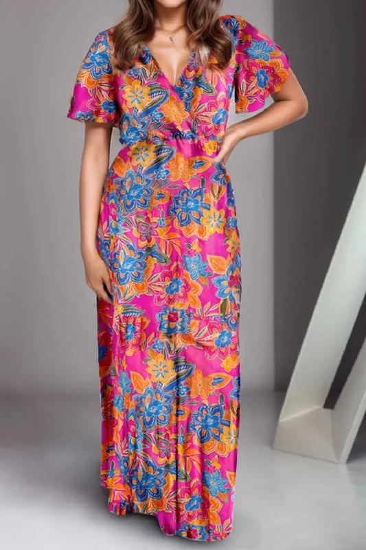 Printed Surplice Short Sleeve Maxi Dress Fashionable High-Waist Maxi Dress