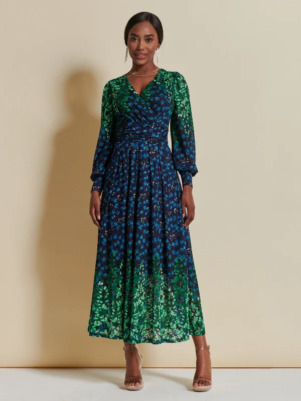 Quiyn Symmetrical Print Lace Maxi Dress, Blue Multi Cozy Knitted Maxi Dress