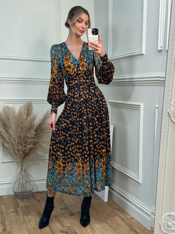 Quiyn Symmetrical Print Lace Maxi Dress, Orange Multi Stylish A-Line Maxi Dress
