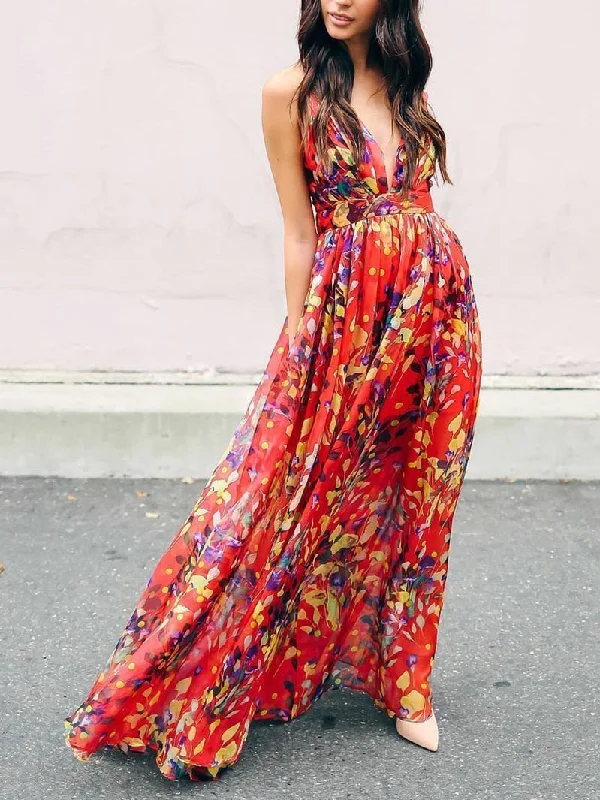 Sleeveless Sexy Summer Deep V neck Maxi Dress Comfortable Pleated Maxi Dress