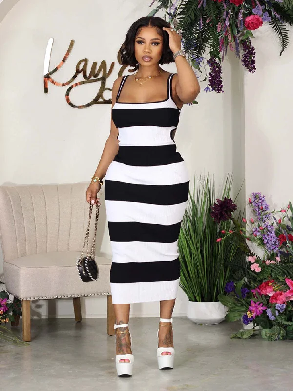 Ribbed Sleeveles Striped Maxi Dresses Trendy Off-Shoulder Ruffle Maxi Dress