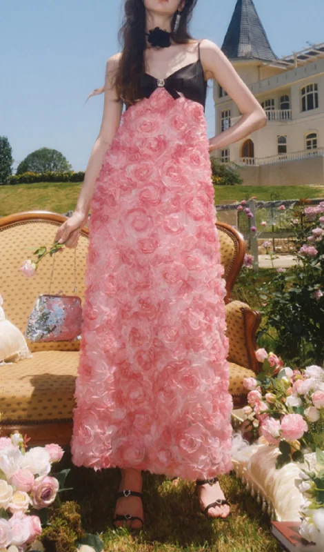ROSE APPLIQUÉD SPAGHETTI MAXI DRESS IN PINK Cozy Longline Maxi Dress