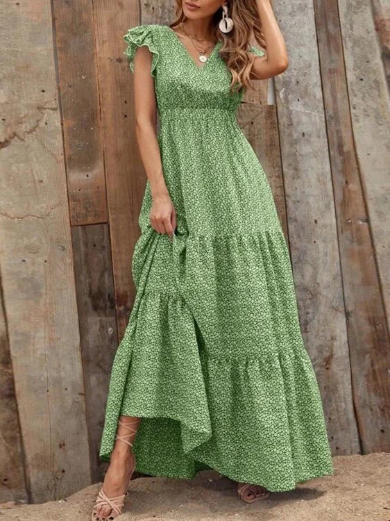 Ruffle Sleeve High Waist V Neck Maxi Dress Comfortable Pleated Maxi Dress