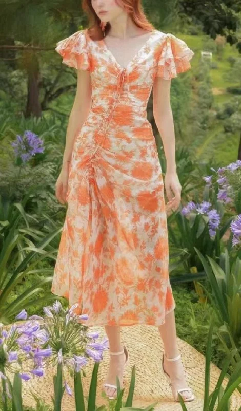 RUFFLE SLEEVED VOILE MAXI DRESS IN PINK Classic A-Line Maxi Dress