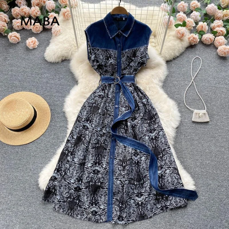 Runway Sleeveless Dresses 2023 Women Polo Neck Single Breasted Vintage Floral Print Patchwork Denim Maxi Dress Robe Comfortable Fitted Maxi Dress Runway Sleeveless Dresses 2023 Women Polo Neck Single Breasted Vintage Floral Print Patchwork Denim Maxi Dress Robe Comfortable Fitted Maxi Dress