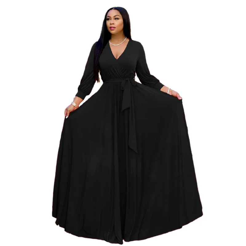 Satin V Neck Long Sleeve Flowy Maxi Dress Stylish Empire Waist Maxi Dress