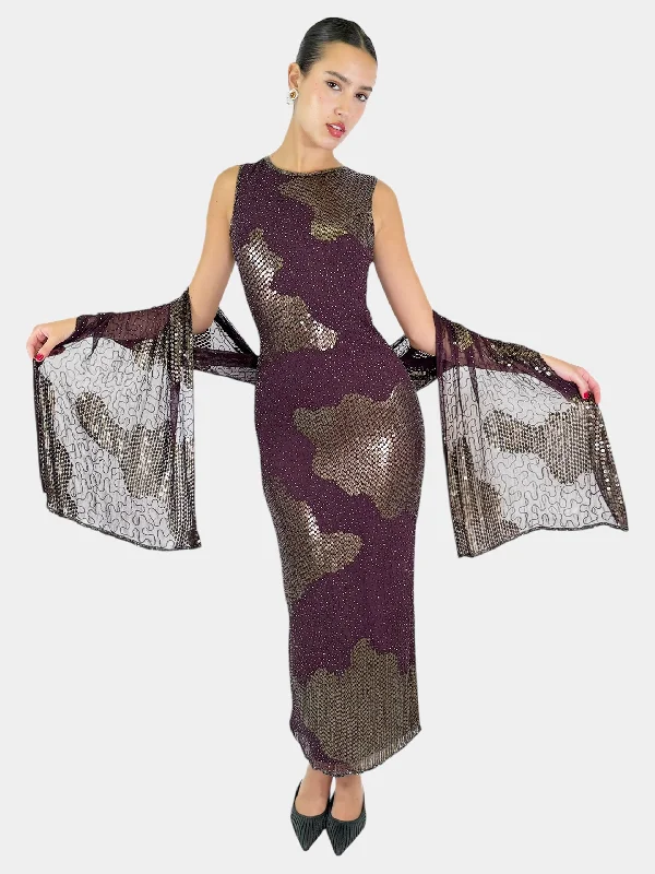 Sequin Maxi Dress with Scarf - Size 8 Trendy Button Front Maxi Dress