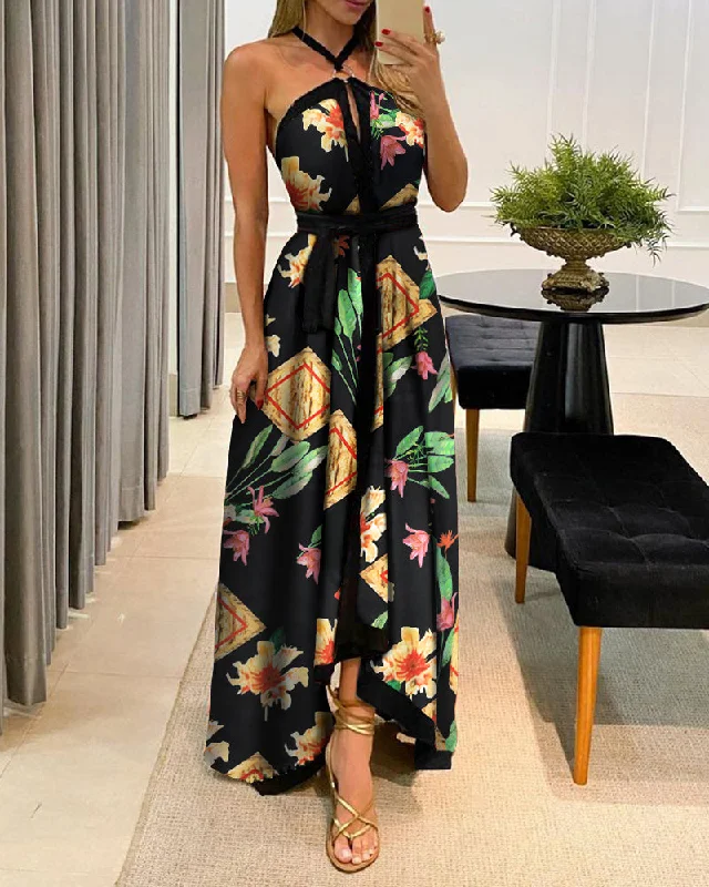 Sexy Women Halter Backless Maxi Dress Sleeveless Floral Print Long Dresses 2023 Summer Beach Party Ladies Vestidos Fashionable Halter Neck Maxi Dress Sexy Women Halter Backless Maxi Dress Sleeveless Floral Print Long Dresses 2023 Summer Beach Party Ladies Vestidos Fashionable Halter Neck Maxi Dress