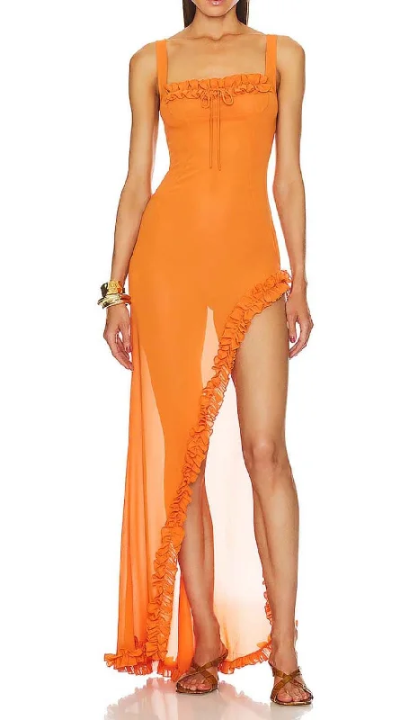 SHEER RUFFLED MAXI DRESS IN ORANGE Cozy Ruffle Sleeve Maxi Dress
