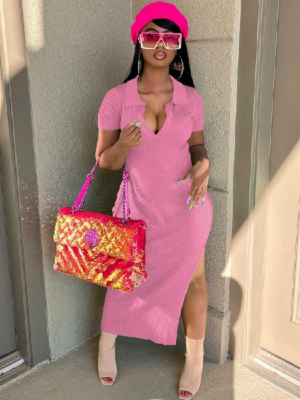 Short Sleeve V Neck Knitted Maxi Dresses Fashionable Halter Neck Maxi Dress