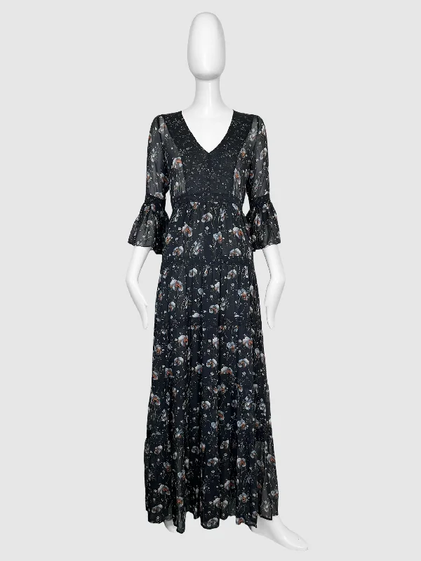 Silk Floral V-Neck Long Sleeve Maxi Dress - Size XS Trendy Floral Print Maxi Dress