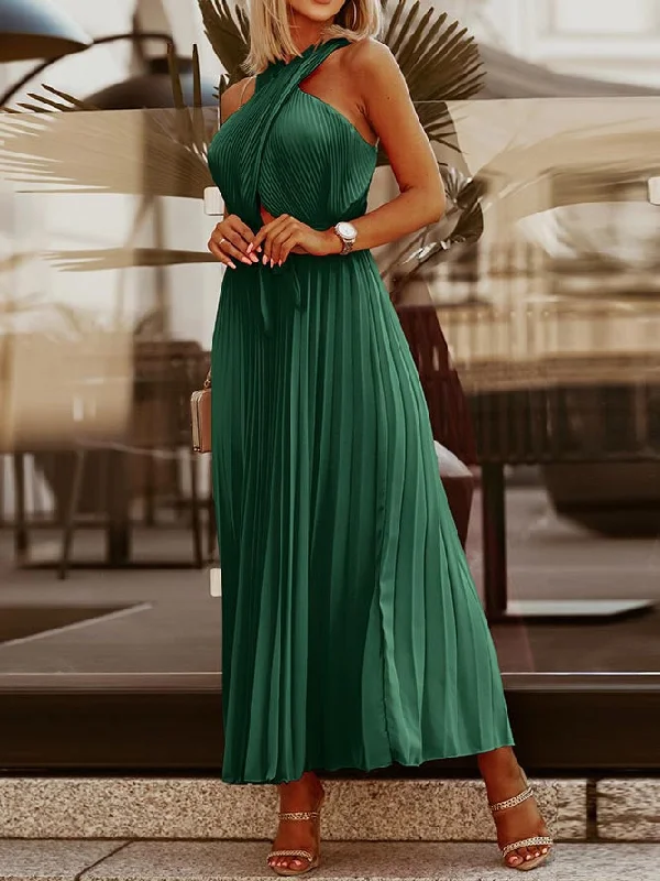 Sleeveless Halter Neck Solid Color Maxi Dress Trendy Maxi Dress with Bow