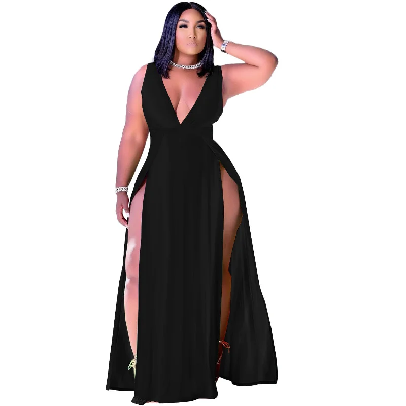 Sleeveless V Neck Split Maxi Dress Fashionable Asymmetrical Maxi Dress
