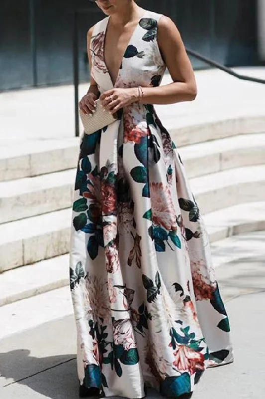 Sleeveless Vacation Floral Maxi Dress Trendy Maxi Dress with Bow